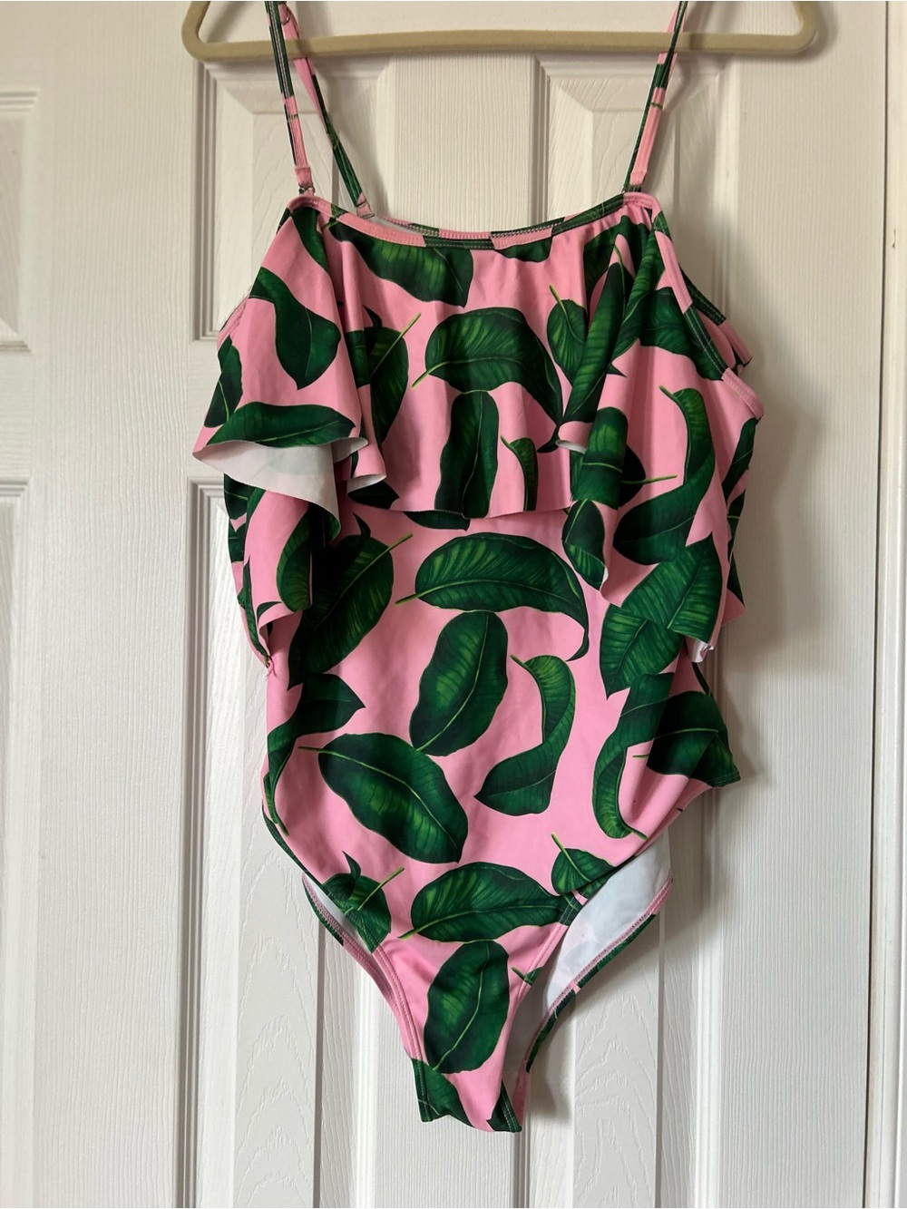 Pink One-Piece Swimsuit with Green Leaf Print by Tempt Me